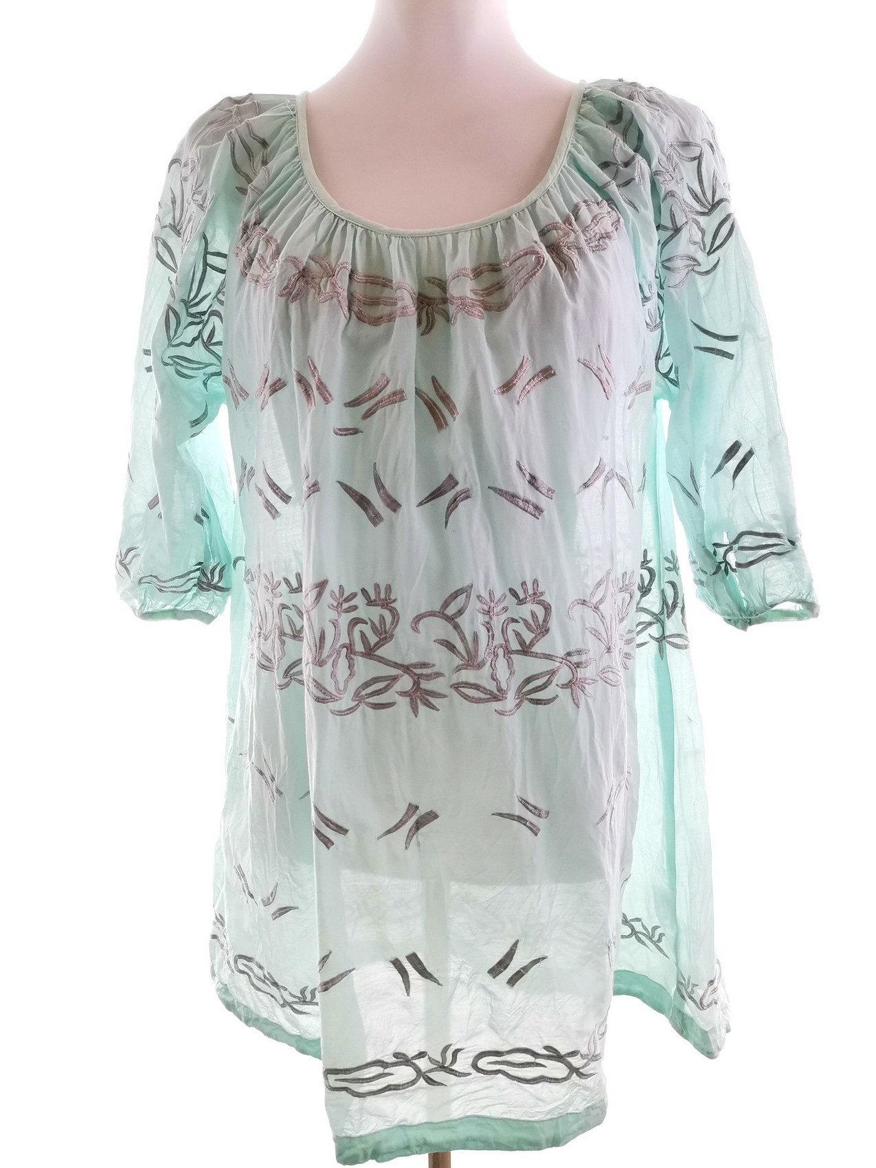 MAPP Size XL Mint Tunic Blouse Viscose Sleeve 3/4 Floral Leaves Embroidery